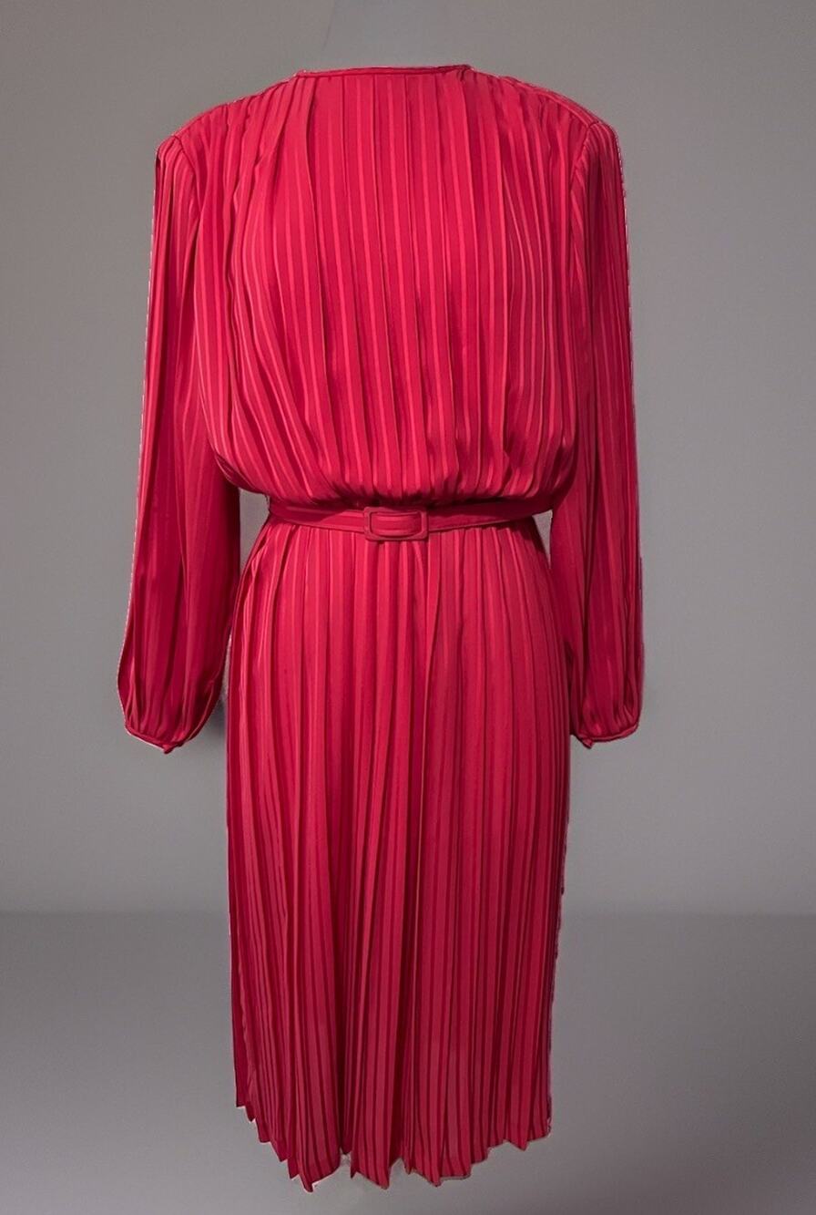 Vintage 70s 80s Monica Richards Sz 16 Sheer Red Pleated L/S Midi Dress USA